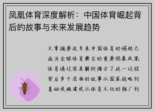 凤凰体育深度解析：中国体育崛起背后的故事与未来发展趋势